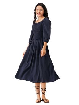 Aask - Women Smoke And Flare Navy Blue Solid Dress For Women
