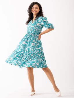 Aask - Women Digital Printed Aqua Digital Printed Dress For Women