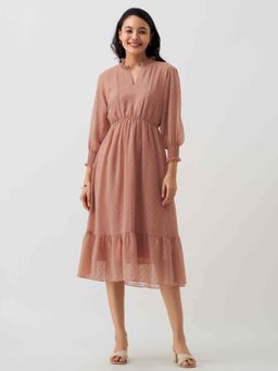 Aask - Women Chiffon Dobby Weave Dusty Cream Dress For Women