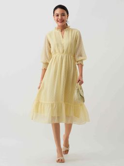 Aask - Women Chiffon Dobby Weave Lemon Yellow Dress For Women