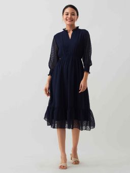 Aask - Women Chiffon Dobby Weave Navy Blue Dress For Women