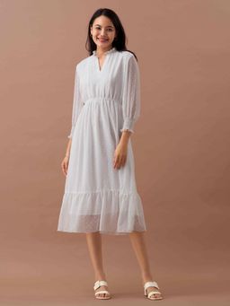 Aask - Women Chiffon Dobby Weave White Dress For Women
