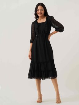 Aask - Women Chiffon Dobby Weave Black Solid Dress For Women