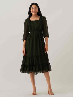 Aask - Women Chiffon Dobby Weave Green Solid Dress For Women