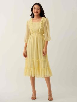 Aask - Women Chiffon Dobby Weave Lemon Yellow Solid Dress For Women