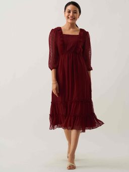 Aask - Women Chiffon Dobby Weave Maroon Solid Dress For Women