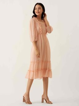 Aask - Women Chiffon Dobby Weave Peach Solid Dress For Women
