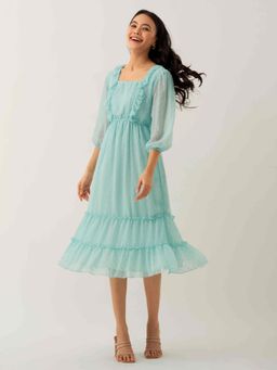 Aask - Women Chiffon Dobby Weave Sky Blue Solid Dress For Women