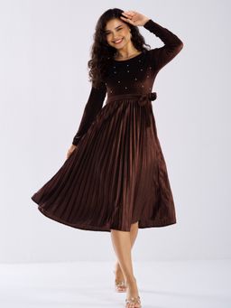 Aask - Ask Solid Chocolate Round Neck Full Sleeves Dress with Belt Women (Set of 2)
