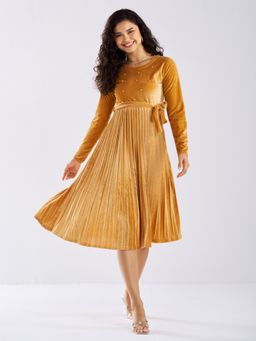 Aask - Ask Solid Gold Round Neck Full Sleeves Dress with Belt Women (Set of 2)