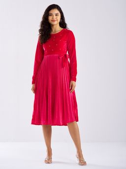 Aask - Ask Solid Pink Round Neck Full Sleeves Dress with Belt Women (Set of 2)