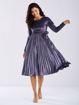 Aask - Ask Solid Steel Grey Round Neck Full Sleeves Dress with Belt Women (Set of 2)