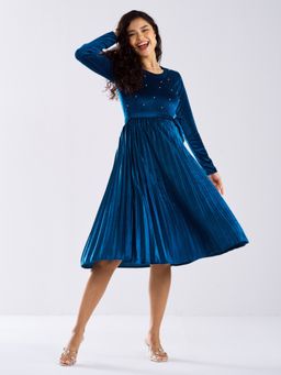 Aask - Ask Solid Teal Blue Round Neck Full Sleeves Dress with Belt Women (Set of 2)