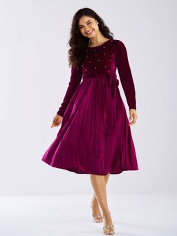 Aask - Ask Solid Wine Round Neck Full Sleeves Dress with Belt Women (Set of 2)