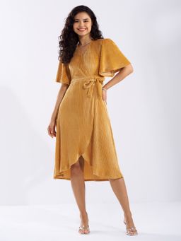Aask - Ask Gold V Neck Half Sleeves Dress with Belt Women (Set of 2)