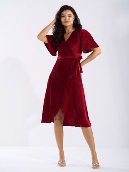 Aask - Ask Maroon V Neck Half Sleeves Dress with Belt Women (Set of 2)