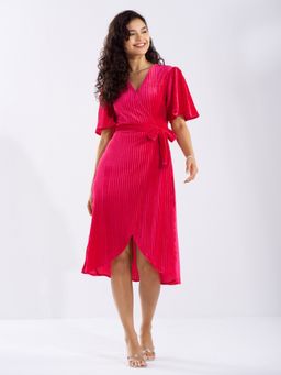Aask - Ask Pink V Neck Half Sleeves Dress with Belt Women (Set of 2)