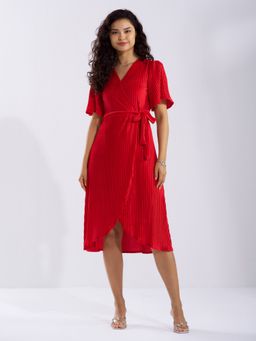 Aask - Ask Red V Neck Half Sleeves Dress with Belt Women (Set of 2)