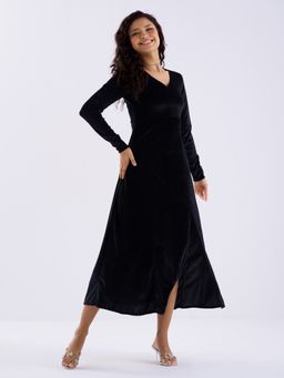 Aask - Women Solid Black V Neck Full Sleeves Dress For Women