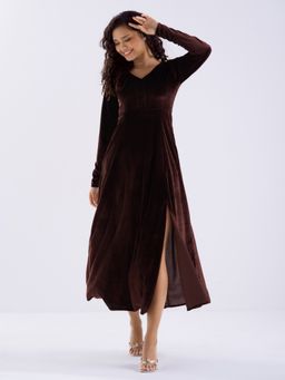 Aask - Women Solid Chocolate V Neck Full Sleeves Dress For Women