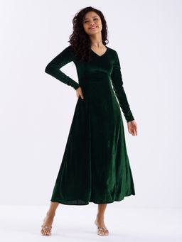 Aask - Women Solid Green V Neck Full Sleeves Dress For Women