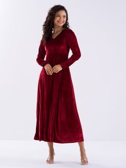 Aask - Women Solid Maroon V Neck Full Sleeves Dress For Women