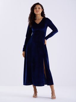 Aask - Women Solid Royal Blue V Neck Full Sleeves Dress For Women