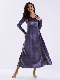 Aask - Women Solid Steel Grey V Neck Full Sleeves Dress For Women