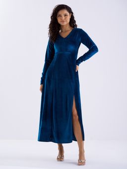 Aask - Women Solid Teal Blue V Neck Full Sleeves Dress For Women