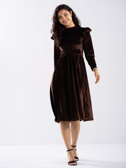 Aask - Ask Solid Chocolate High Neck Full Sleeves Dress with Belt Women (Set of 2)