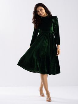 Aask - Ask Solid Green High Neck Full Sleeves Dress with Belt Women (Set of 2)