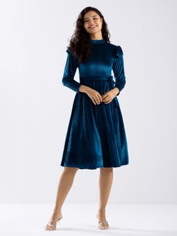 Aask - Ask Solid Teal High Neck Full Sleeves Dress with Belt Women (Set of 2)