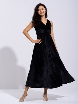 Aask - Ask Solid Black V Neck Sleeveless Dress with Belt Women (Set of 2)