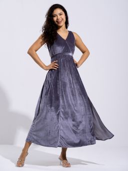 Aask - Ask Solid Steel Grey V Neck Sleeveless Dress with Belt Women (Set of 2)