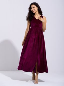 Aask - Ask Solid Wine V Neck Sleeveless Dress with Belt Women (Set of 2)
