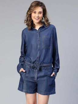 Oxolloxo - Women's Solid Denim Blue Playsuit with Belt