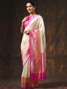 WeaverStory - Handloom off White Ektara Kadhiyal Saree With Unstitched Blouse