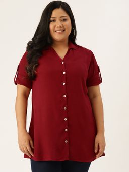 theRebelinme - Plus Size Women Maroon Solid Color Casual Collar Shirt