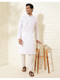 Fabindia - White Cotton Dobby Slim Fit Long Kurta