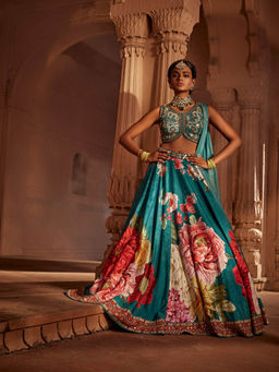 KALISTA - Teal Gulshaad Lehenga with Blouse and Dupatta (Set of 3)