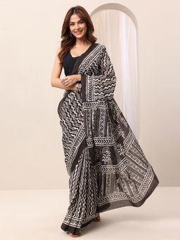 Libas - Black Chevron Printed Saree with Unstitched Blouse
