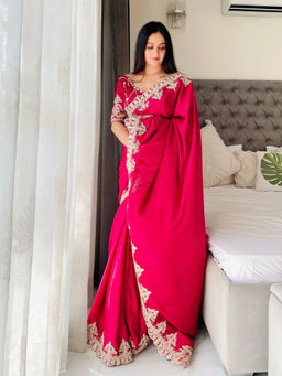 VAIRAGEE - Magenta Chiffon Silk Embroidery Saree with Unstitched Blouse