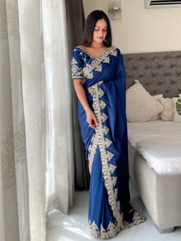 VAIRAGEE - Navy Blue Chiffon Silk Embroidery Saree with Unstitched Blouse
