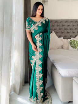 VAIRAGEE - Green Chiffon Silk Embroidery Saree with Unstitched Blouse