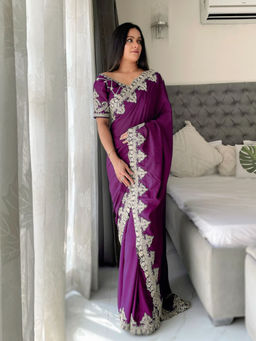 VAIRAGEE - Purple Chiffon Silk Embroidery Saree with Unstitched Blouse