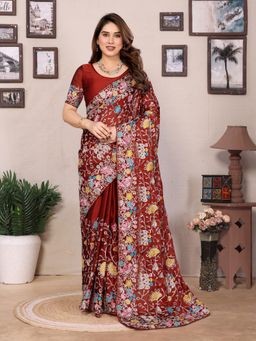 VAIRAGEE - Maroon Rangoli Silk Embroidery Saree with Unstitched Blouse