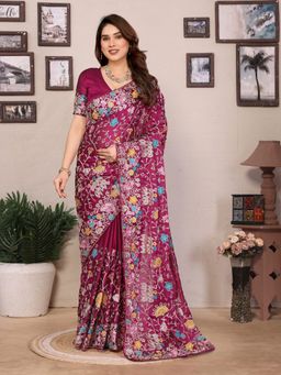 VAIRAGEE - Magenta Rangoli Silk Embroidery Saree with Unstitched Blouse