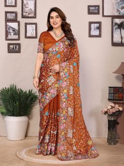 VAIRAGEE - Brown Rangoli Silk Embroidery Saree with Unstitched Blouse