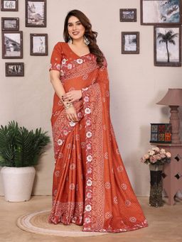 VAIRAGEE - Orange Vichitra Silk Embroidery Saree with Unstitched Blouse