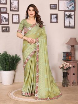 VAIRAGEE - Green Vichitra Silk Embroidery Saree with Unstitched Blouse